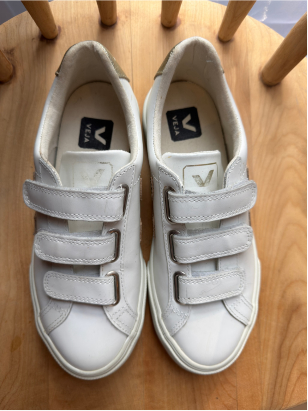 VEJA Esplar White Leather Sneakers Gold Logo Velcro Straps Women’s